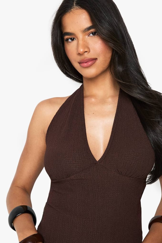 boohoo Dames Getextureerde halternek-top | Chocoladebruin | Maat: 42