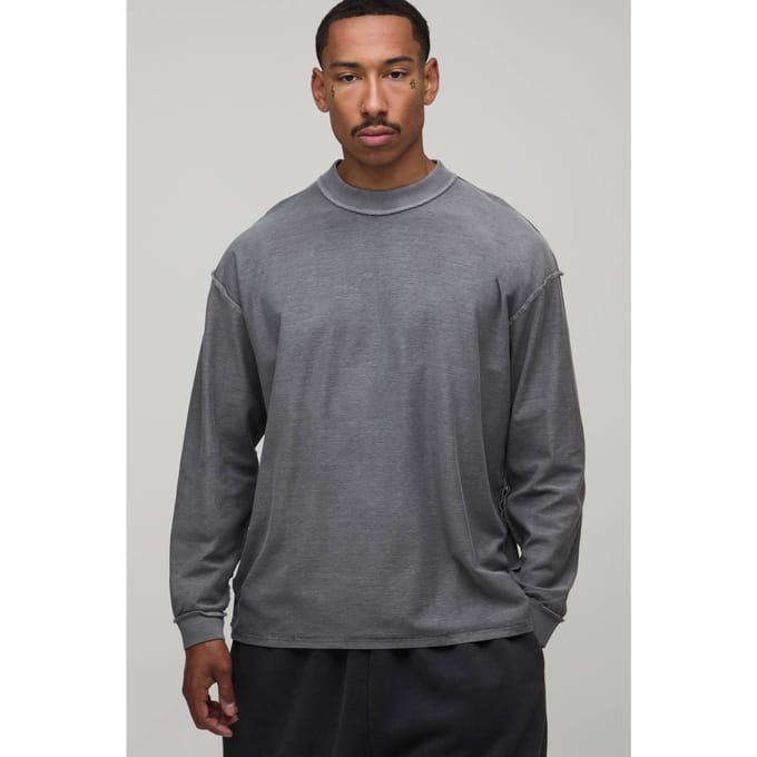 Oversized Gewassen T-shirt Met Lange Mouwen En Zichtbare Naden | Charcoal | Size Medium
