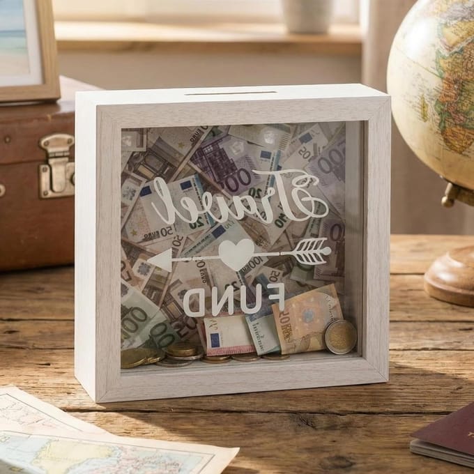 Houten Spaardoos - Geldkist Decoratief - Wensen Visualiseren - Glazen Voorkant - 15 x 15 x 5 cm - Wit
