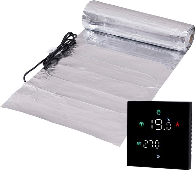 Complete elektrische vloerverwarming folie set, 150 watt incl Wifi thermostaat., 2 m², Zwart