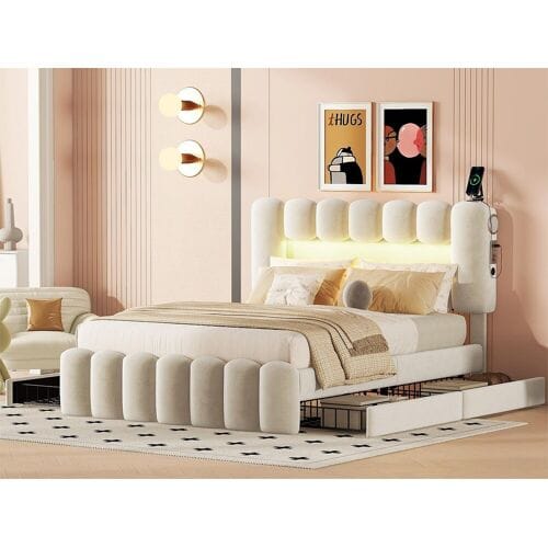 ModernLuxe Fluweel gestoffeerd bed - 140x200cm - 4 lades + LED + Oplaadpoorten + Lezer - Beige
