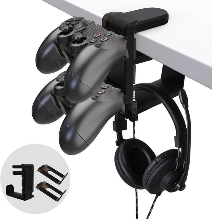 Gaming headset houder voor onder bureau met controller haak in zwart