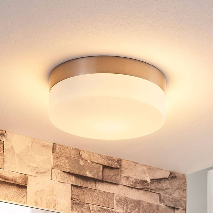 Lindby - Plafondlamp badkamer - 1licht - Glas, metaal - H: 6.5 cm - E27 - wit, nikkel gesatineerd