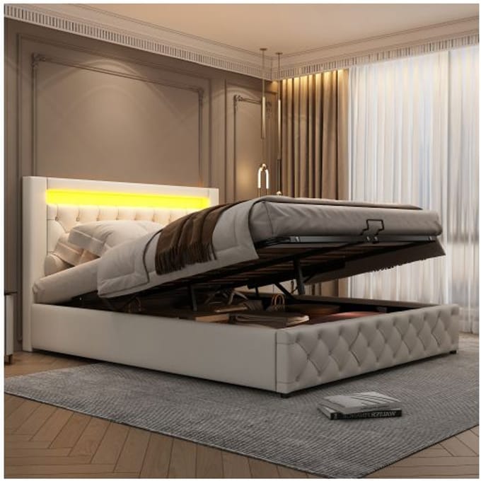 Lit rembourré - MUVOE - 140 x 200 cm - Éclairage LED - Rangement intégré - Blanc blanc