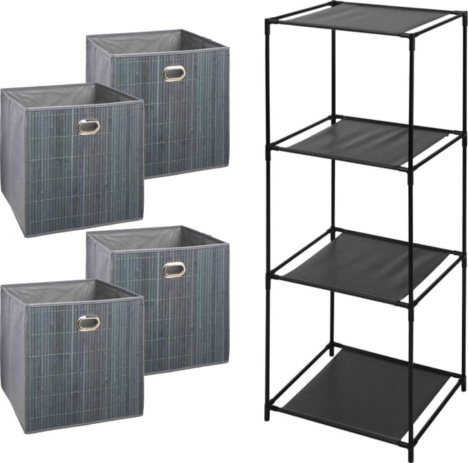5Five Opbergrek Smartrack - met 4x mandjes stof/bamboe - grijs - 34 x 98 cm