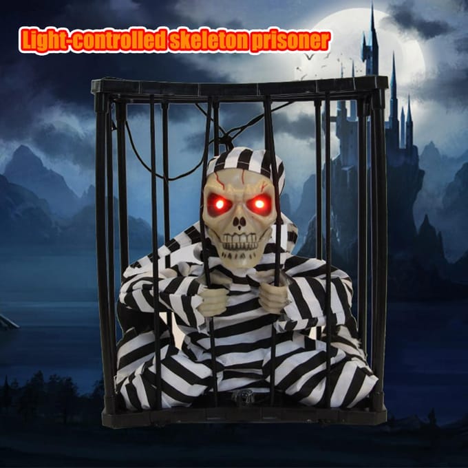 Halloween Eng Schreeuwend Geanimeerd Skelet Kooi Gevangene met Oplichtende Ogen Spookhuis Requisieten Average code black