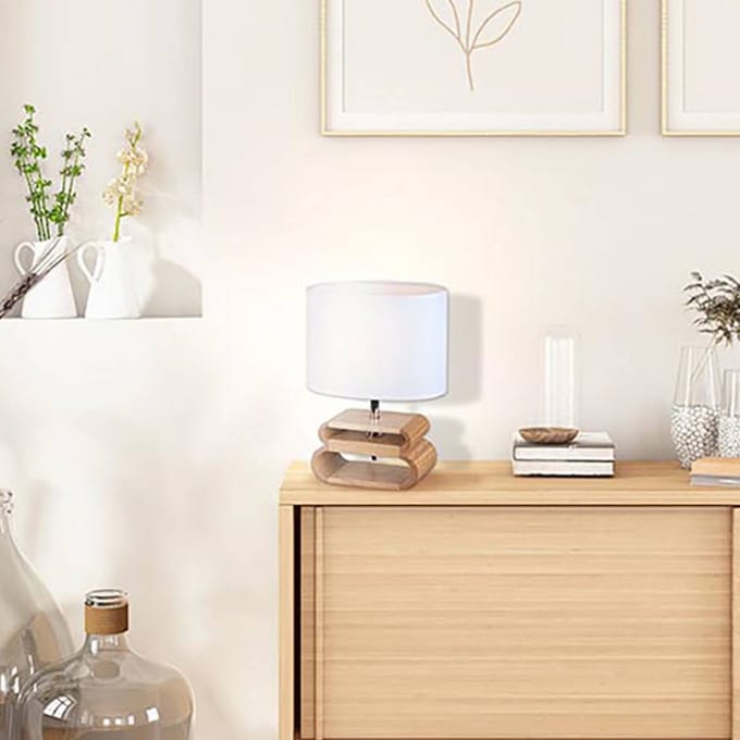 COREP Tafellamp Oslo, wit/licht hout, hoogte 30 cm, linnen/hout