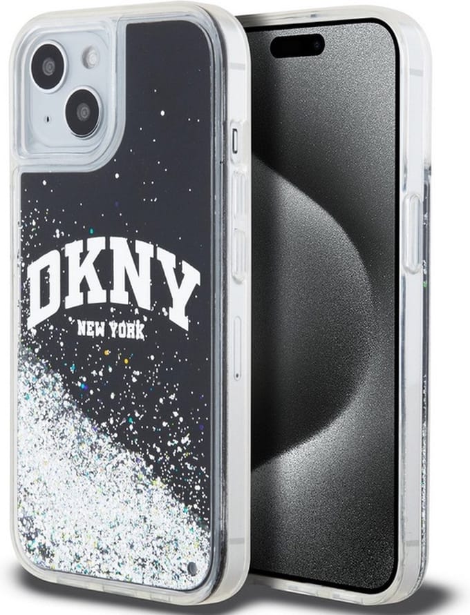 DKNY Liquid Glitter Arch Logo Back Case - Geschikt voor Apple iPhone 15 Plus (6.7") - Zwart/Zilver