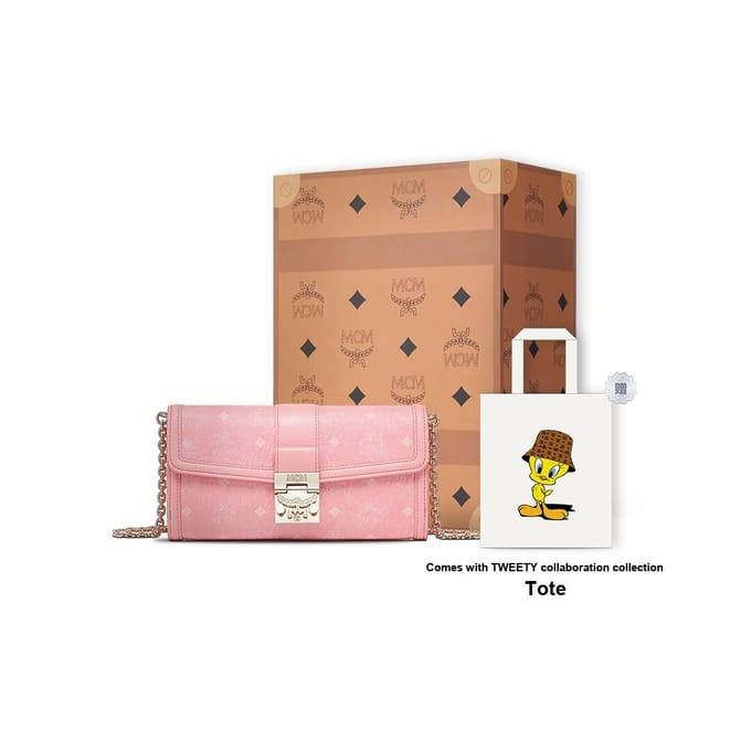 MCM Monogram Logo Lock Chain Shoulder Strap Coated Canvas Large Shoulder Bag Women Shoulder Bag Cherry-Blossom-Pink MYLDSXT01QZ001 Basic Set (Bag+Dust Bag) white