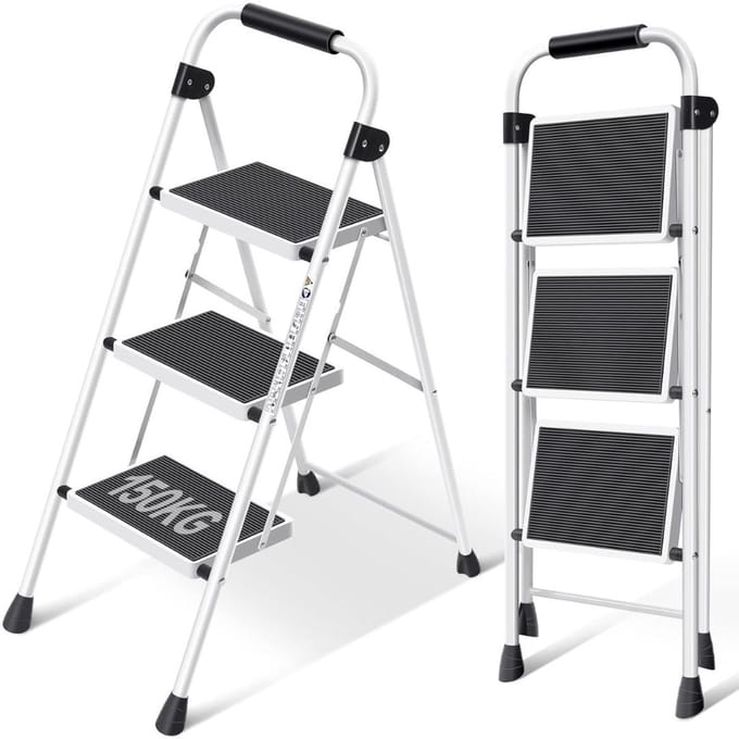 CRLYN® Huishoudtrap 3 Treden - Keukentrap Inklapbaar - Opstapje - Wit