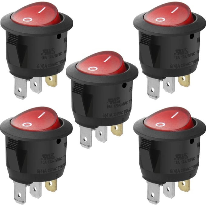 Dailygoody - Rocker Switch - On/Off Schakelaar - 10A 250V - Rood - Schakelaartje - Perfect voor panelen - Set van 5