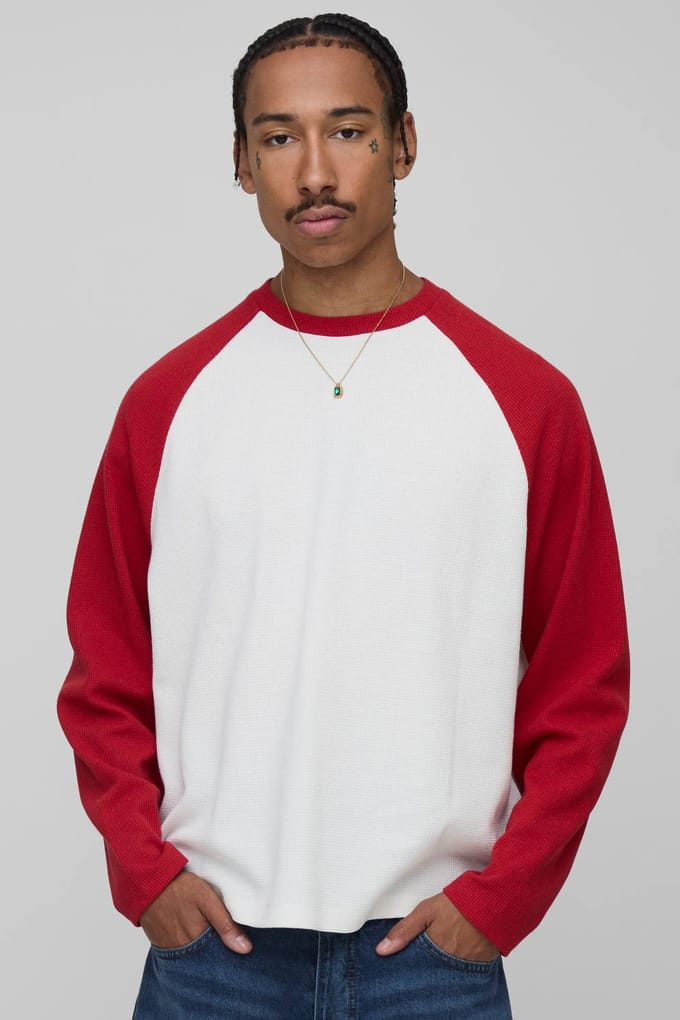 Oversized Boxy Heavyweight Wafel Raglan T-shirt met lange mouwen | Red | Size Medium