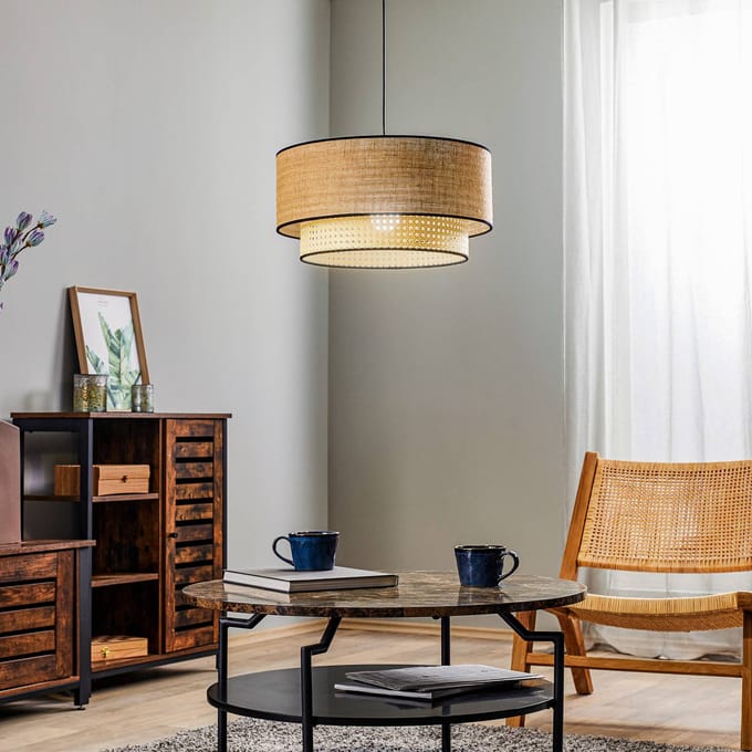 Duolla Boho-hanglamp, bruin/hout, Ø 45 cm, textiel/rotan