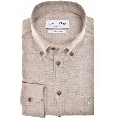 Ledûb Overhemd Herringbone Fine Pattern Button-Down Licht Bruin / male