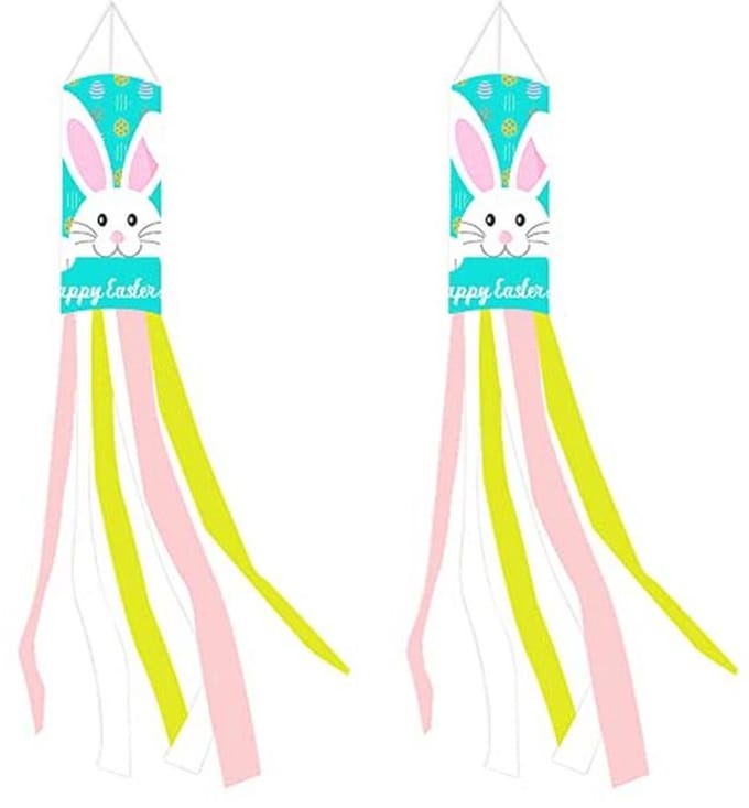 Geluode Easter Bunny Windsock Flag, 2pcs Happy Easter Egg Rabbit Green Outdoor Spring Wind Sock Hanging Decoration - ShopVlot