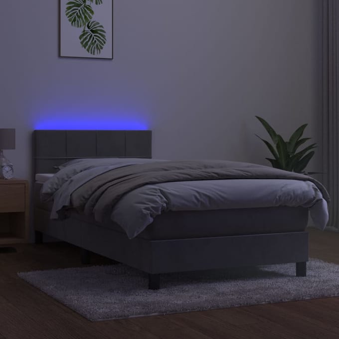 vidaXL - Boxspring - met - matras - en - LED - fluweel - lichtgrijs - 100x200 - cm