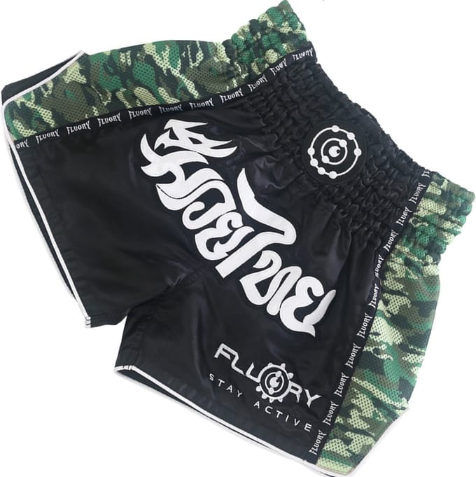 Fluory Kickboks Broekje Muay Thai Short Zwart Camo Groen - S
