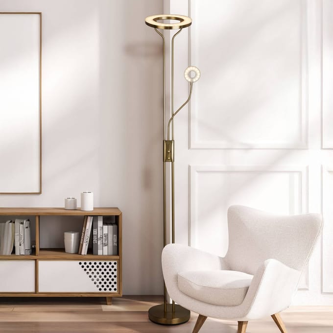 Searchlight LED vloerlamp Mother & Child, gesatineerd messing, leeslamp