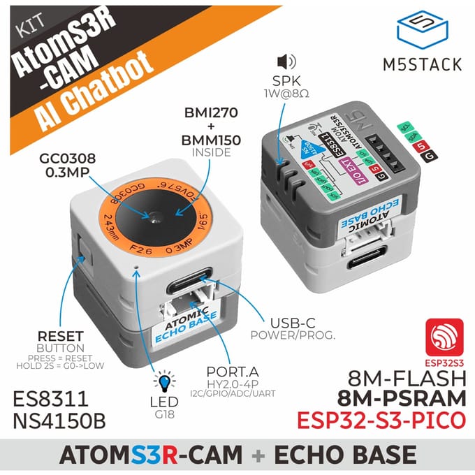 M5Stack officiële AtomS3R-CAM Al Chatbot-kit (8 MB PSRAM)