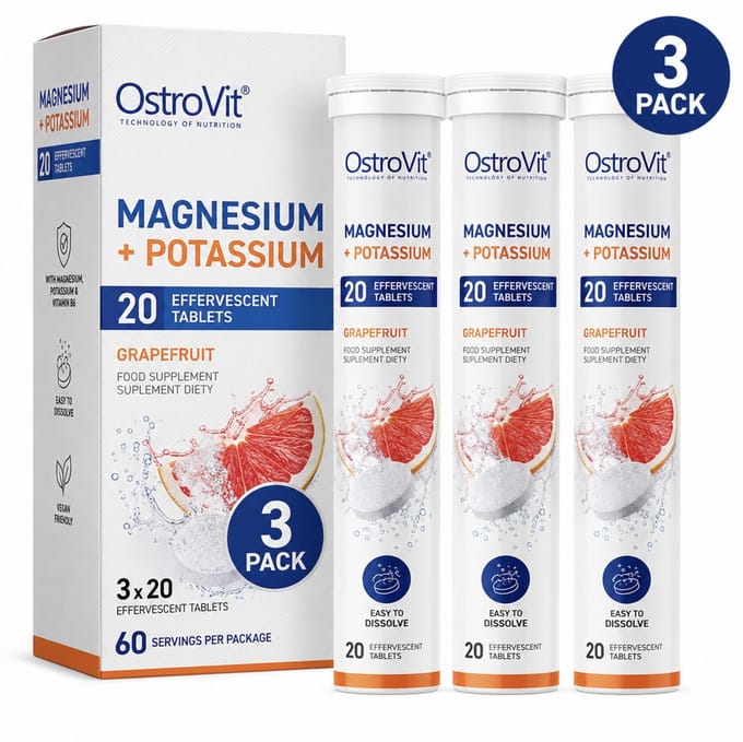 Magnesium + Potassium Bruistabletten Grapefruit 3 x 20 Tabletten – Met Magnesium, Kalium & Vitamine B6 – 60 Bruistabletten