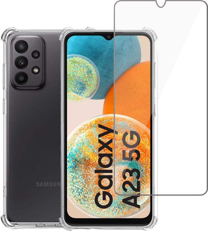 Geschikt voor Samsung A23 4G / 5G Hoesje + Screenprotector – Gehard Glas Cover +Shock Proof Case – Transparant