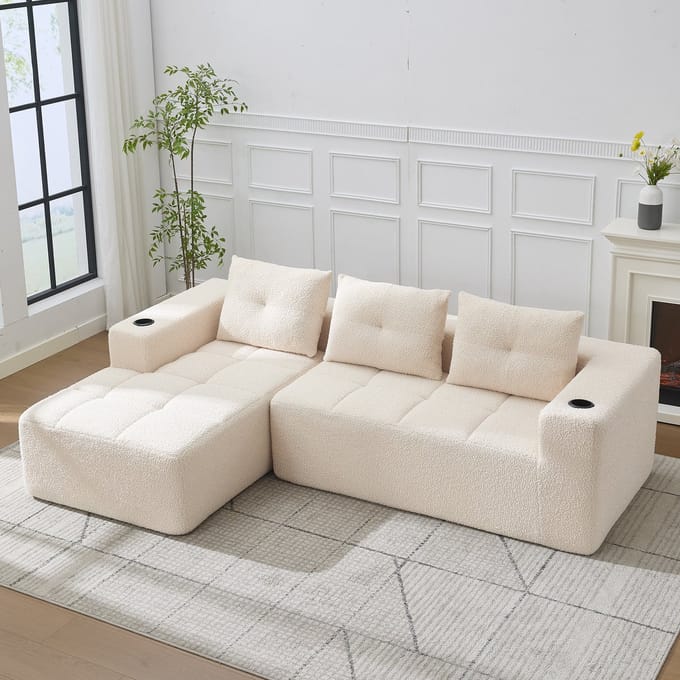 MODFU L-Bank - Diepe Zitting En Bekerhouders - Modern Minimalistisch - Woonkamer - Polyester - Beige - 258 Cm