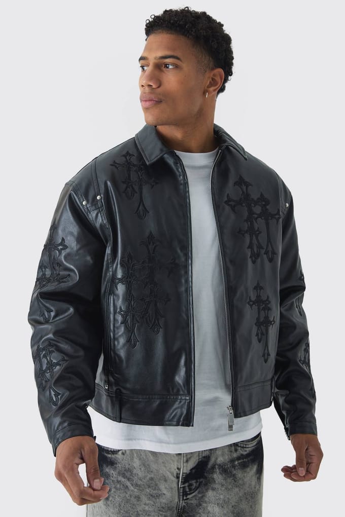 Cross Applique PU Bomberjack in Zwart | Black | Size Medium