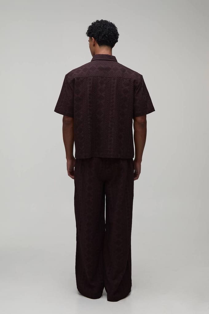Cotton Embroidered Oversized Boxy Shirt & Extended Drawcord Baggy Trouser Set | Chocolate | Size Medium