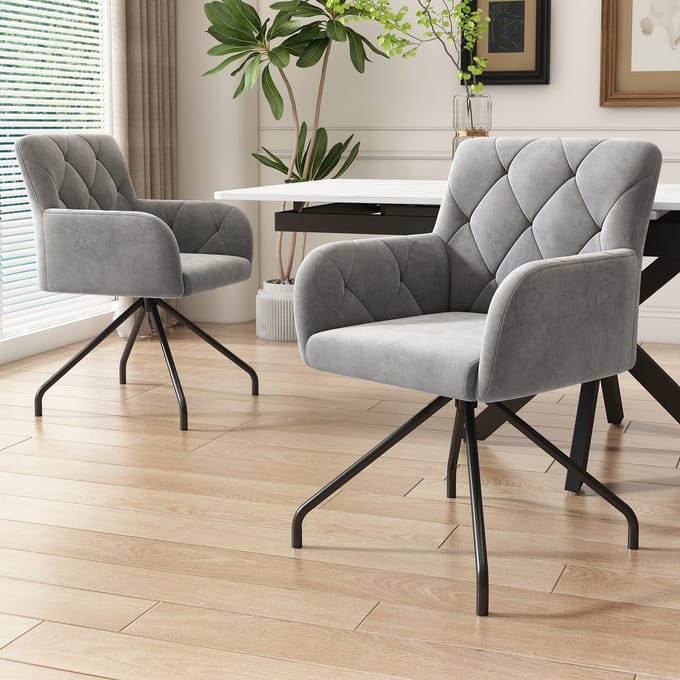 MODFU - Eetkamerstoelen Set Van 2 - Ergonomisch - Met Armleuningen - Modern - Metaal En Fluweel - Lichtgrijs