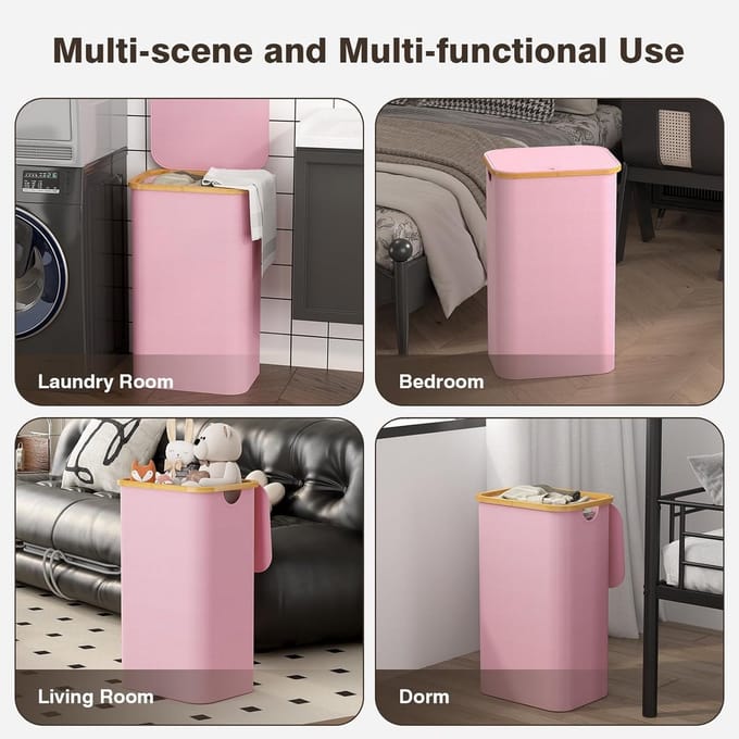 Ruime wasmand 100 liter met deksel en afneembare zakken – roze