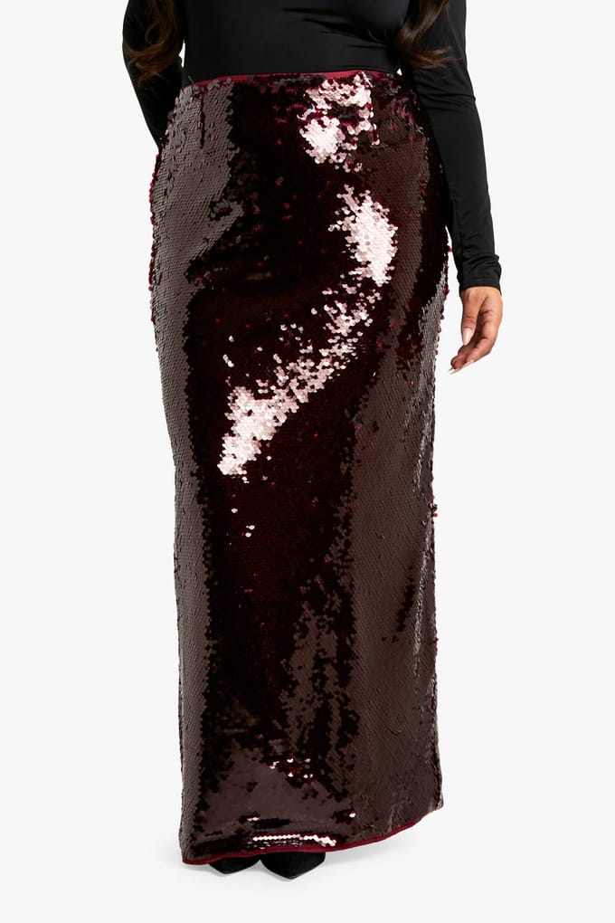 boohoo Dames Plus Premium Pailletten Maxi Rok | Malbec | Maat: 56