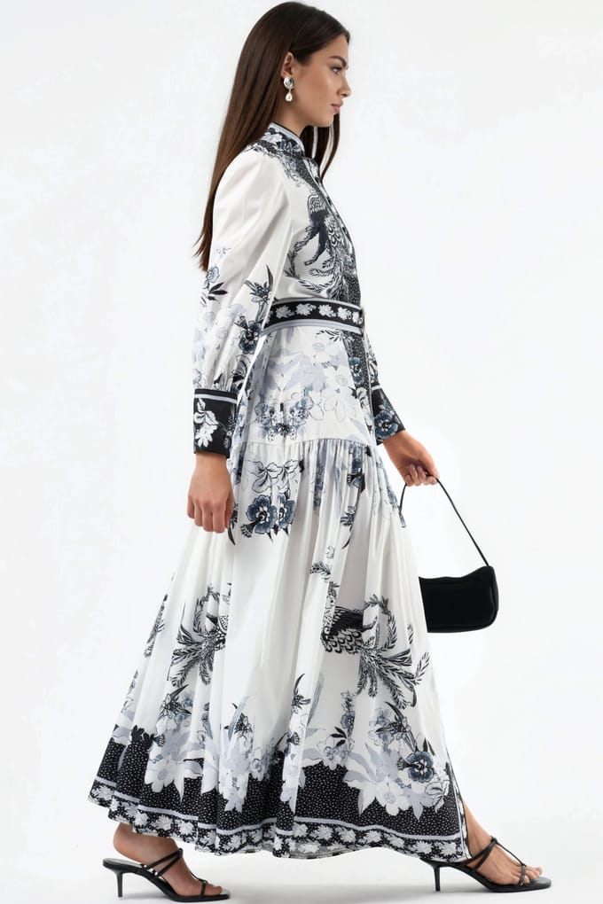 Bloemen Maxi Jurk met Overhemdkraag en Riem