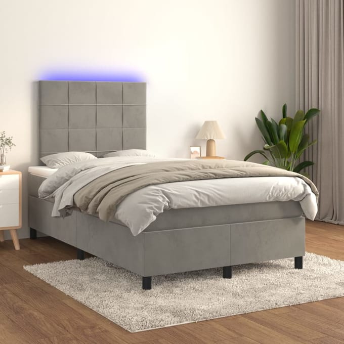 vidaXL - Boxspring - met - matras - en - LED - fluweel - lichtgrijs - 120x200 - cm