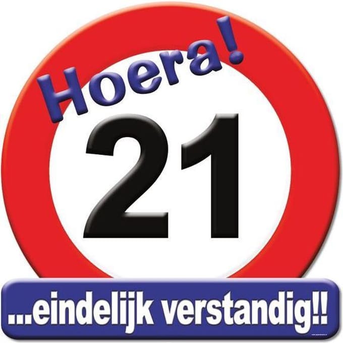Huldeschild hoera 21 jaar 50x50cm