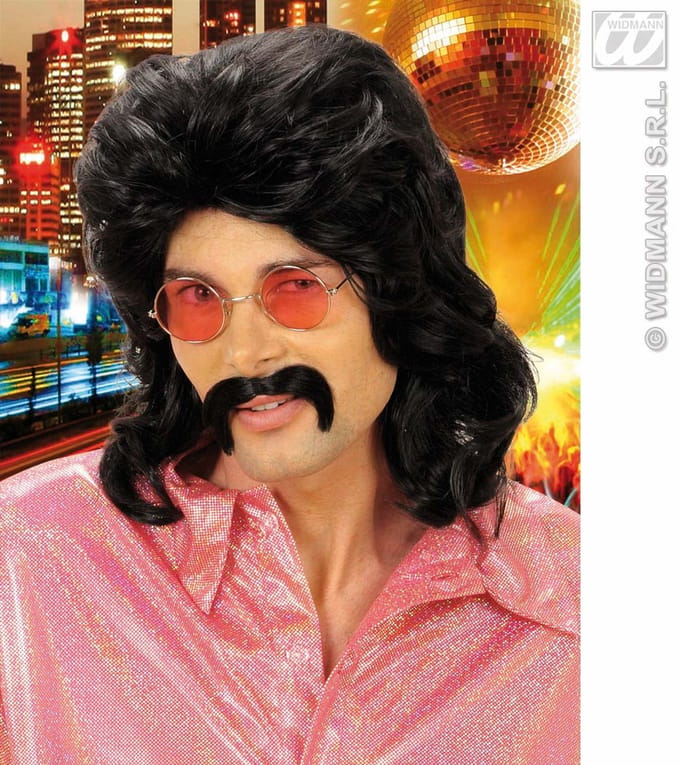 Disco pruik seventies man zwart met snor