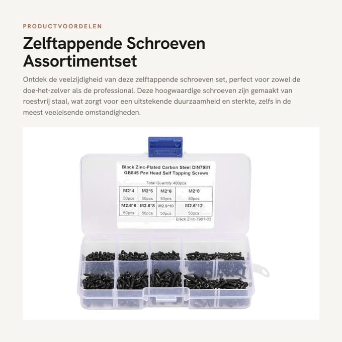 Dailygoods- Zelftappende Schroeven Set - 400 Stuks - Roestvrij Staal - Assortiment - Plastic Opbergdoos - Duurzaam - Schroefset