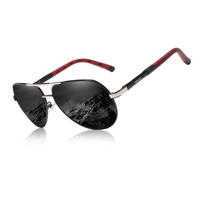 KINGSEVEN 725 Zonnebril - Pilotenbril - Goud Frame met Spiegelzwarte Lenzen & Rode Pootjes