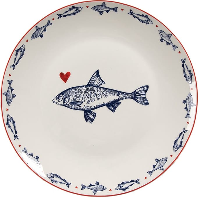 Clayre & Eef Ontbijtbord Ø 20 cm Wit Blauw Porselein Vissen