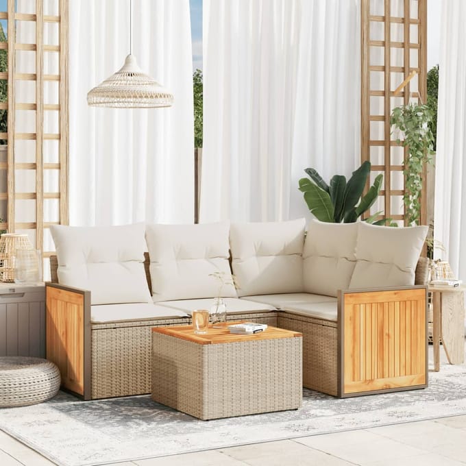 vidaXL - 5-delige - Loungeset - met - kussens - poly - rattan - beige