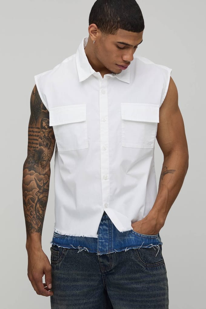 Oversized Boxy Sleeveless Cotton Shirt | White | Size Small