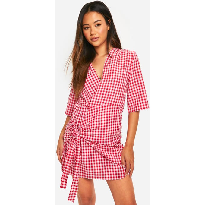 boohoo Dames Textured Gingham Wrap Dress | Rood | Maat: 40