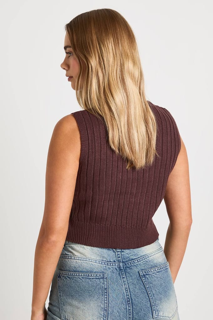 boohoo Dames Gebreide Gilet met Strikdetail | Chocolate | Maat: Medium
