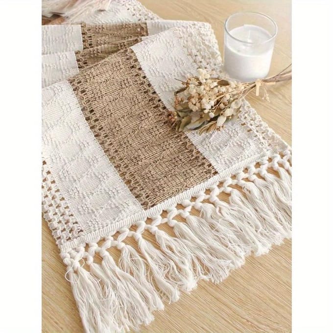 1 st Boho Tafel Runner Macramé Tafel Runners voor Huisdecoratie Crème Grijs Macramé Tafel Runner met Kwasten voor Boho Eettafel Runner 120cm*30cm beige