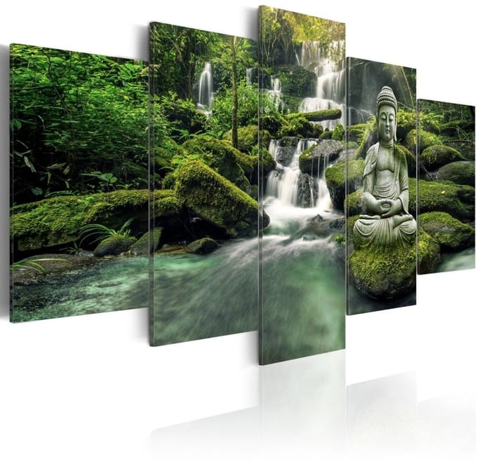 Schilderij - Hemels Bos , Boeddha voor waterval . 5 luik
