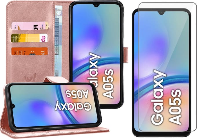 Hoesje geschikt voor Samsung Galaxy A05s - Screenprotector Glas - Portemonnee Book Case Rosegoud