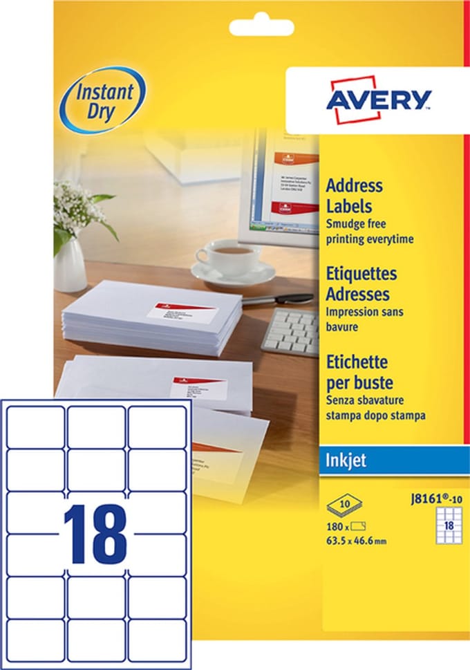 Etiket avery j8161-10 63.5x46.6mm wit 180st | 10 stuks