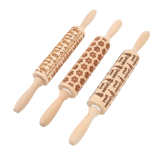 3 stuks Houten Reliëf Deegroller Schattig Kerstpatroon Gegraveerde Reliëf Deegroller voor Bakken beige