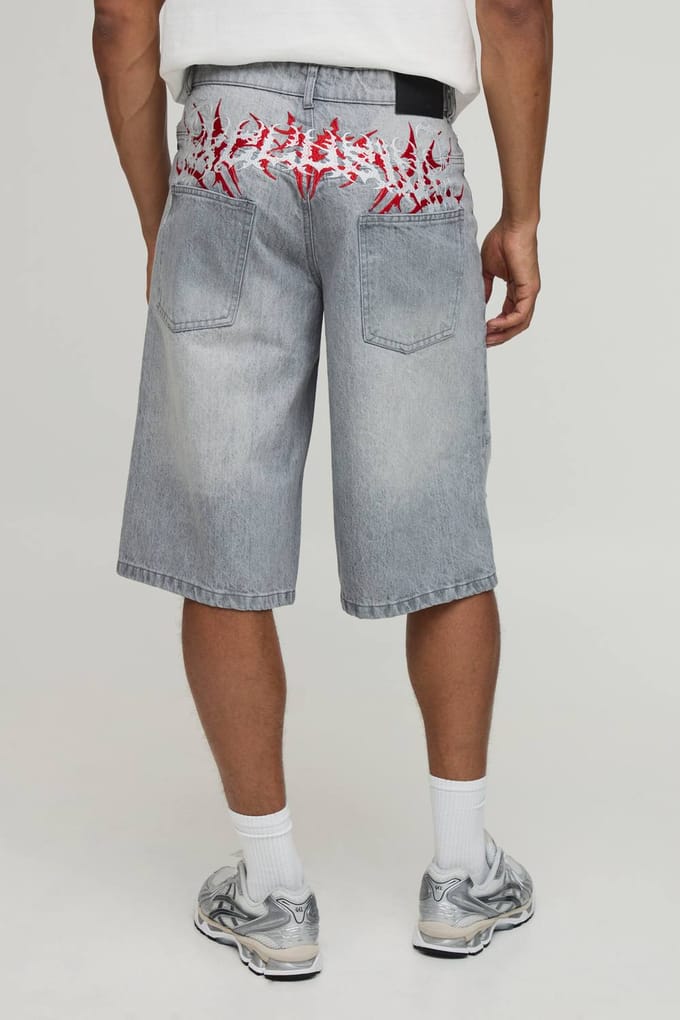 Geborduurd Gescheurde Lange Jorts | Light Grey | Size 28R