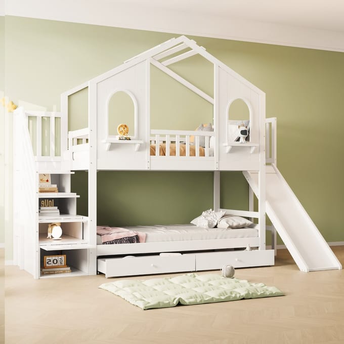 Sweiko Stapelbed - 90 x 200 cm - Huisontwerp - 2 lades - Opslagruimte - Kinderbed - Wit
