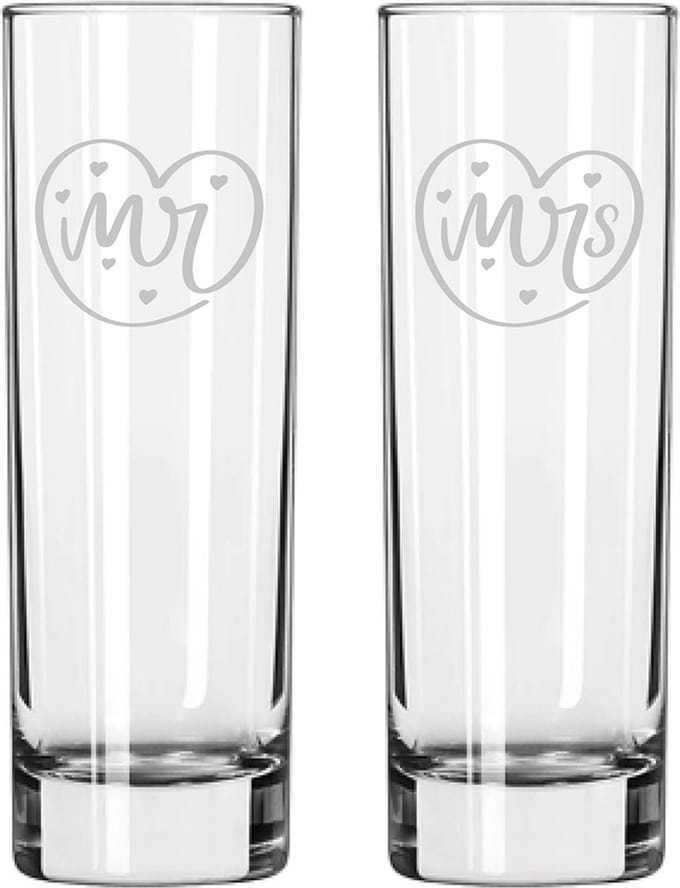 Gegraveerde set longdrinkglazen 22cl Mr. In hartje - Mrs. In hartje